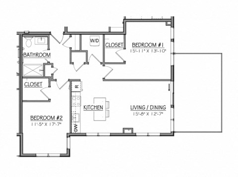 Floor plan for 2 beds, 1 bath, 934 sqft